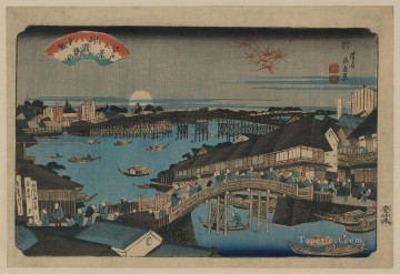  1848 Pintura al %c3%b3leo - Resplandor vespertino en el puente ryogoku 1848 Keisai Eisen Ukiyoye